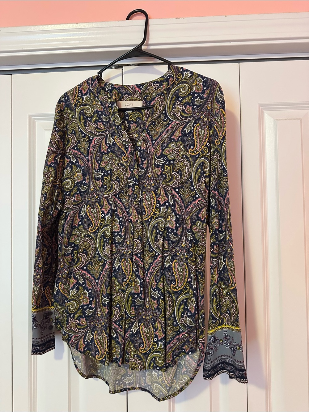 LOFT Paisley Button-Front Blouse in Navy, Olive and Pink